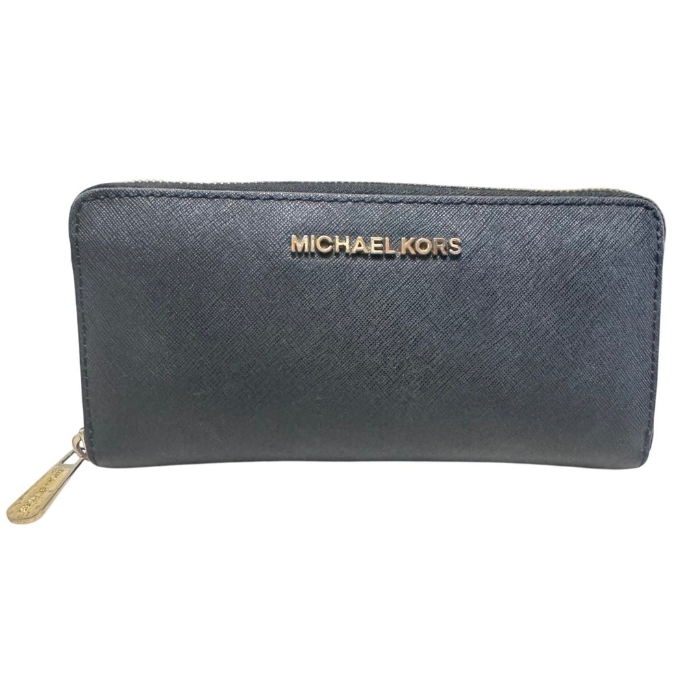 Michael Kors Zip Around Wallet Womens OS Black Excellent‎ Saffiano Leather Gold